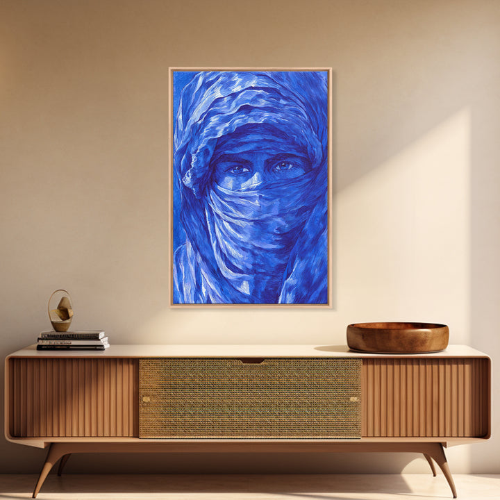 Blue Veiled Woman Portrait Canvas Print, African Woman Art, Sahara Travel Wall Decor, Elegant Cultural Home Decor Gift For Her