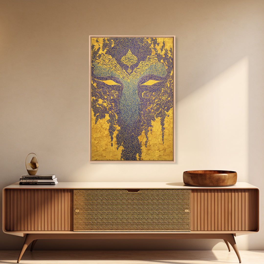 Ornate Blue Gold African Mask Wall Art, Abstract Tribal Art Print, Afrocentric Decor, Luxury Canvas Statement Piece For Home