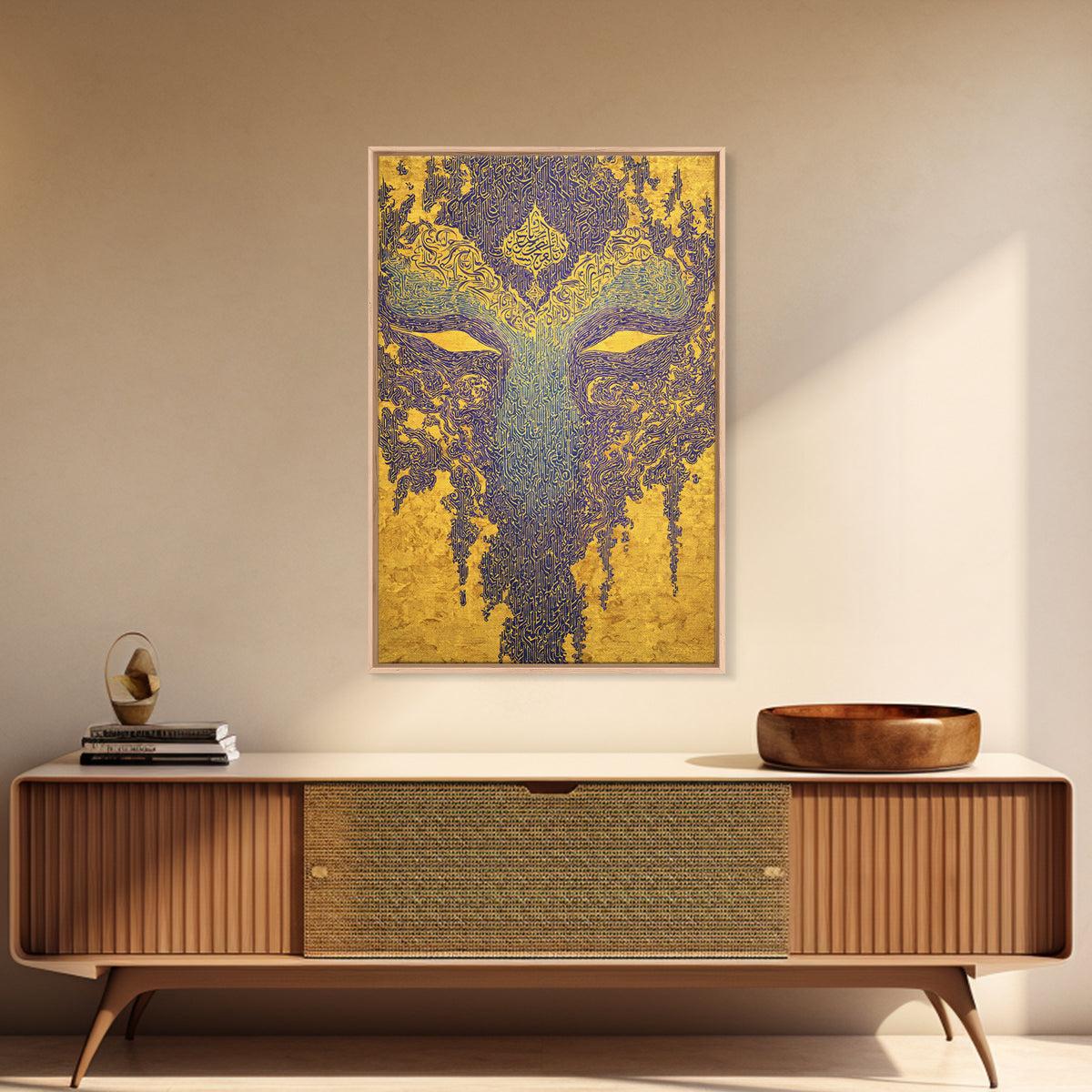 Ornate Blue Gold African Mask Wall Art, Abstract Tribal Art Print, Afrocentric Decor, Luxury Canvas Statement Piece For Home