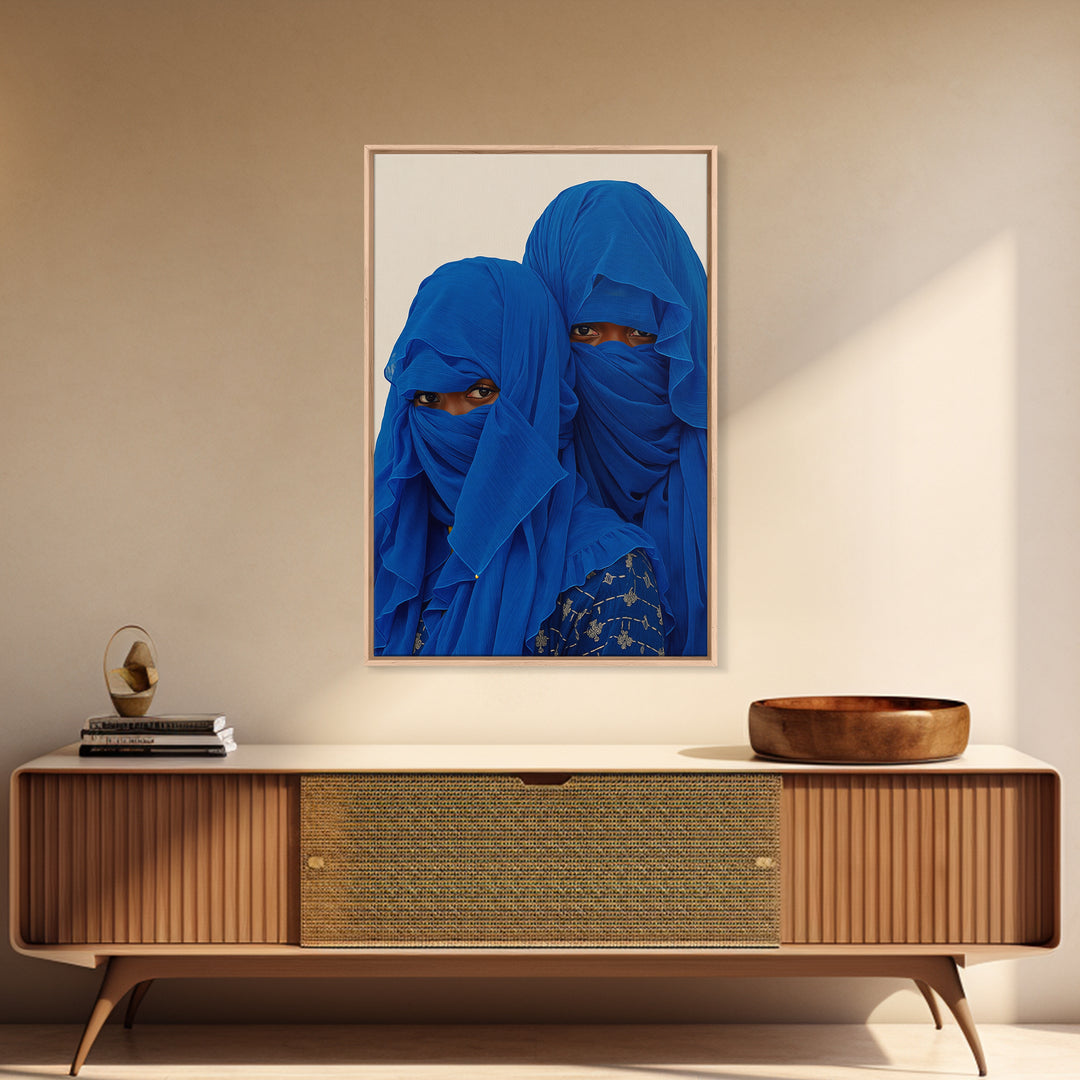 Two Blue Veiled African Women Portrait Wall Art, African Women Art, Afrocentric Decor, Indigo Fashion Canvas Print For Home