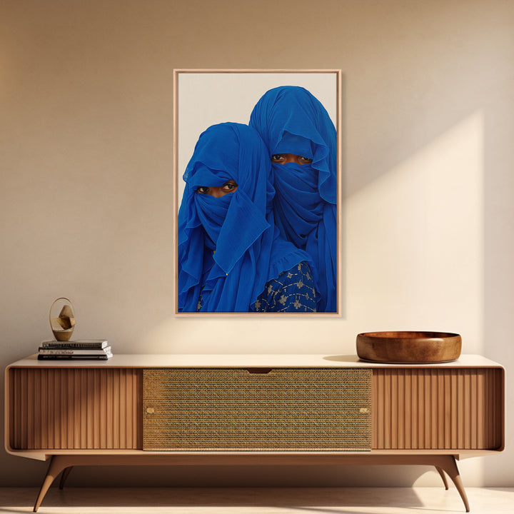 Two Blue Veiled African Women Portrait Wall Art, African Women Art, Afrocentric Decor, Indigo Fashion Canvas Print For Home