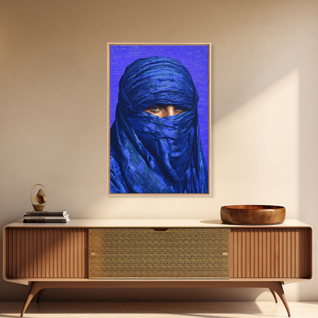 Electric Blue Turban Portrait Wall Art, African Portrait, Indigo Textile Art, Modern Afrocentric Canvas Print Bedroom Decor