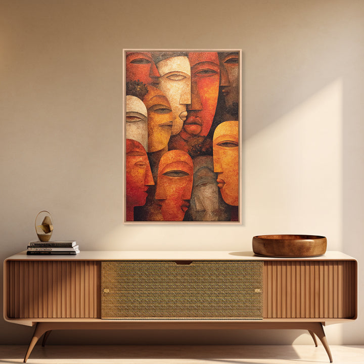 Layered African Mask Faces Wall Art, African Tribal Art, African Mask Art, Terracotta Abstract Canvas Print Cultural Decor