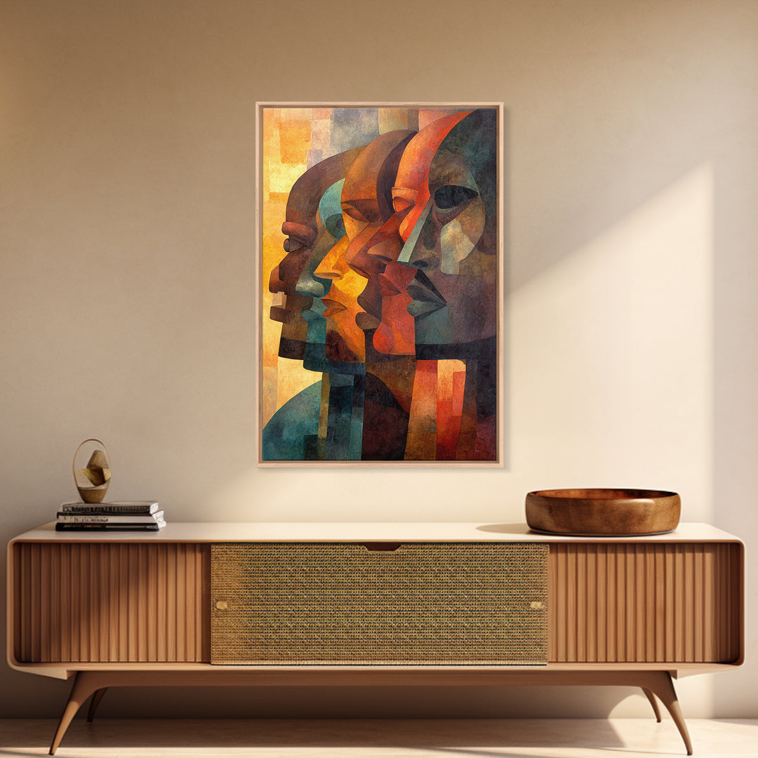 Cubist African Profiles Wall Art, Abstract African Art, Geometric Portrait, Modern Afrocentric Canvas Print Living Room Decor