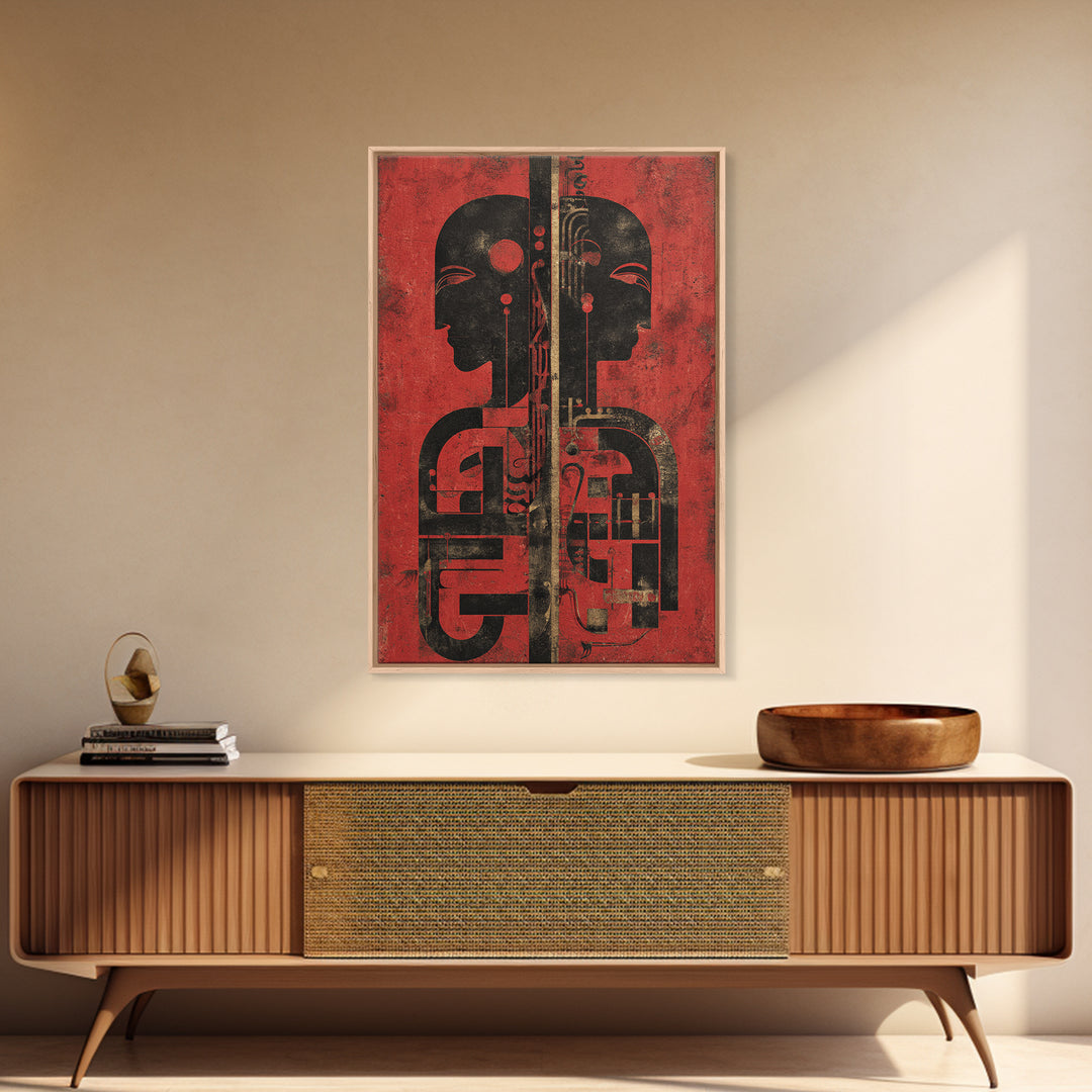 Red And Black Tribal Twin Profiles Wall Art, Abstract African Mask Portrait, Afrocentric Decor, Modern African Art Print
