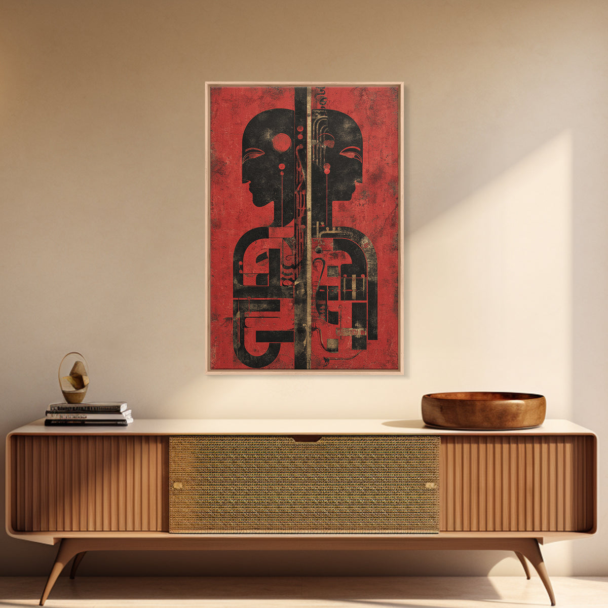 Red And Black Tribal Twin Profiles Wall Art, Abstract African Mask Portrait, Afrocentric Decor, Modern African Art Print