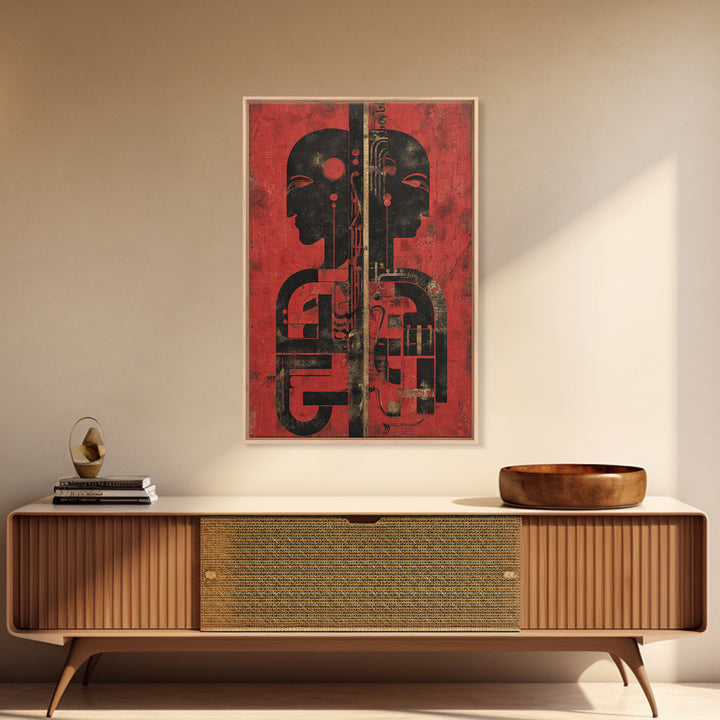 Red And Black Tribal Twin Profiles Wall Art, Abstract African Mask Portrait, Afrocentric Decor, Modern African Art Print
