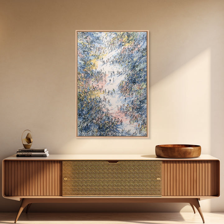 Pastel Valley Gathering Canvas Print, Dreamy Nature Scene With Tiny Figures, African Inspired Wall Decor, Unique Home Art