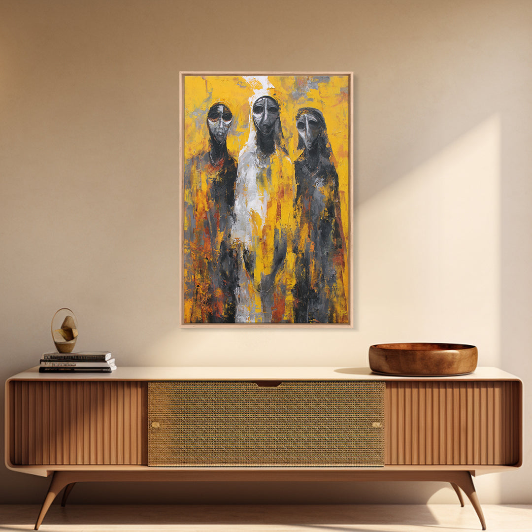 Three Abstract Masked Figures On Yellow Ground, Canvas Print, African Mask Art, Modern Tribal Wall Decor, Bold Portrait Art
