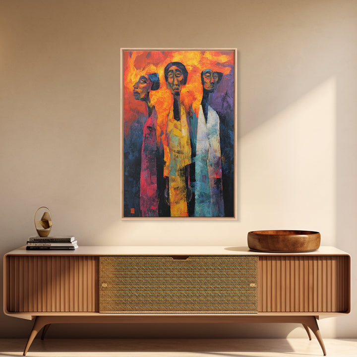 Fiery Three African Figures With Long Faces, Framed Canvas Print, Modern African Art, Black Culture Decor, Statement Wall Art
