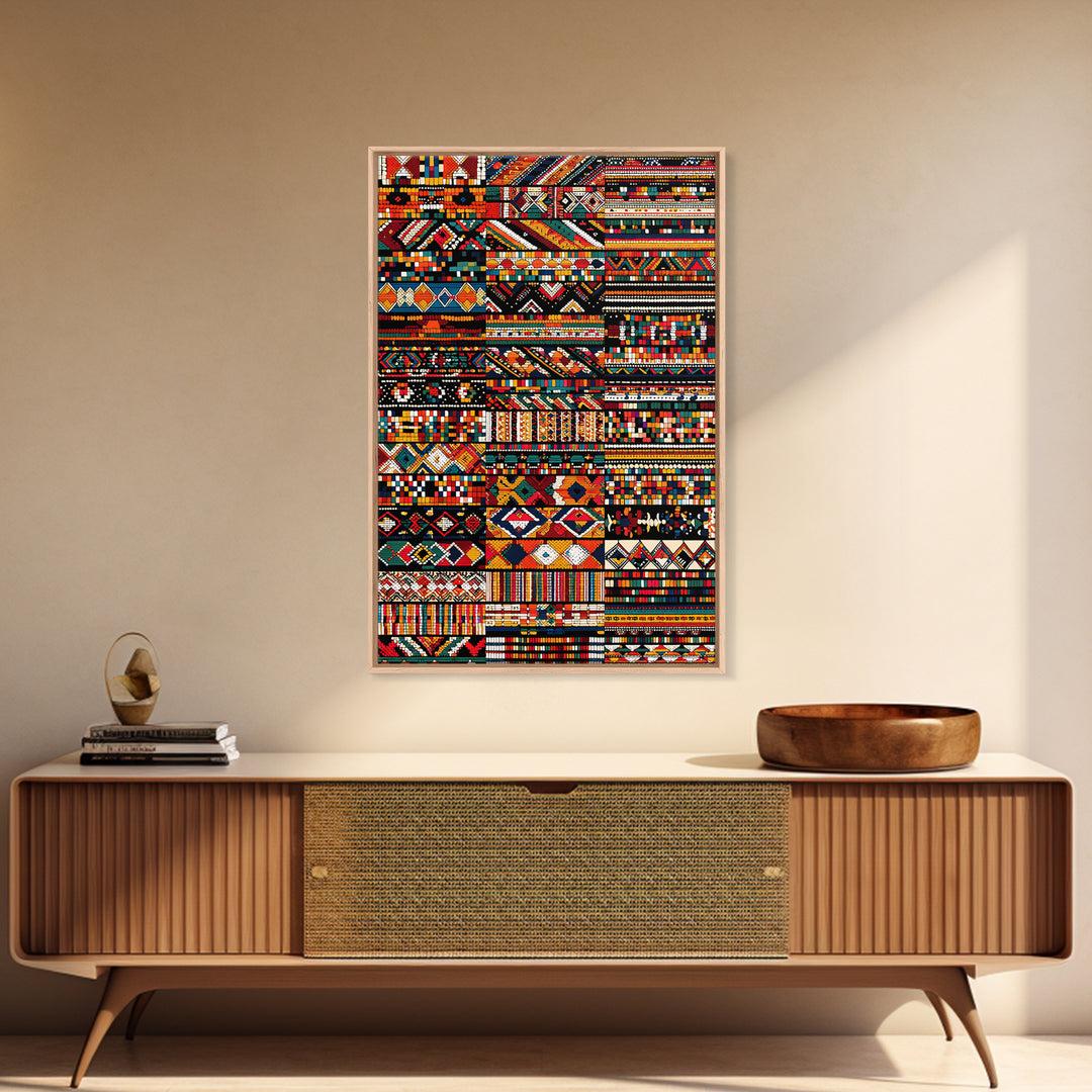 African Textile Mosaic Wall Art, Colorful Tribal Patterns Canvas Print, Ankara Fabric Collage, Afrocentric Home Decor Gift