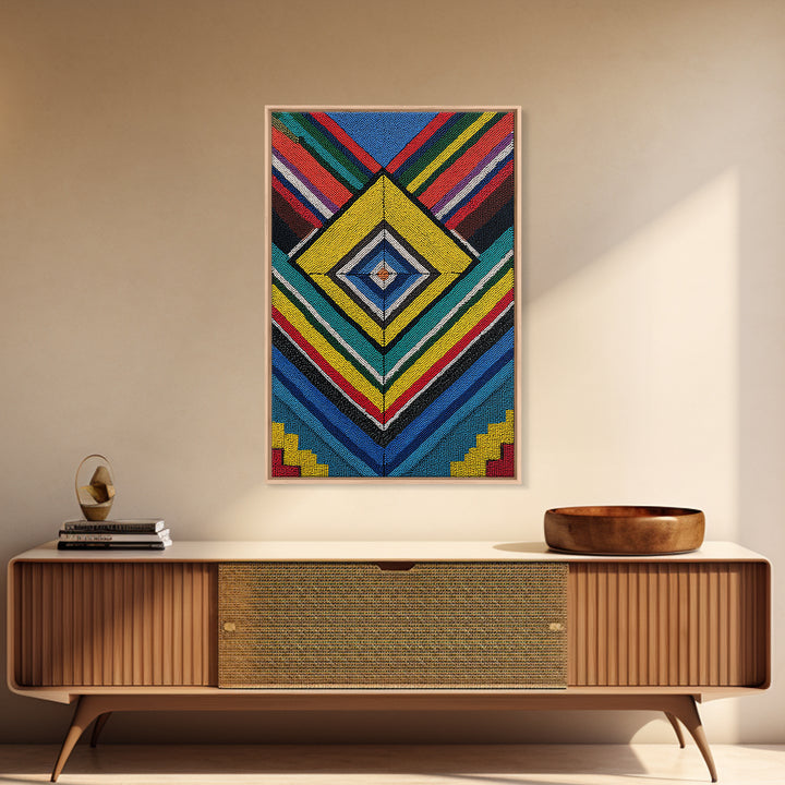 Beaded Diamond Geometric Tribal Wall Art, Colorful African Abstract Canvas Print, Bold Ethnic Pattern Living Room Decor Gift