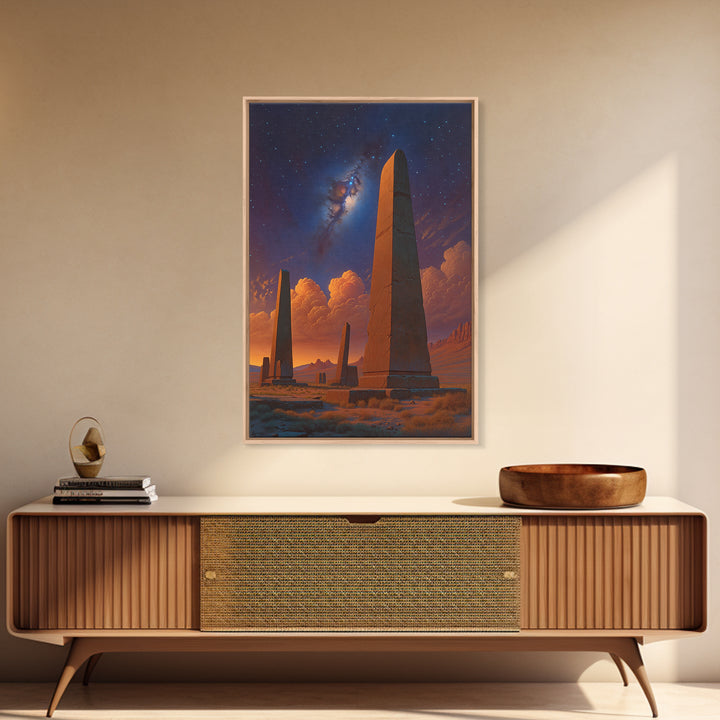 Ancient Desert Obelisks Under Stars Canvas Print, African Egyptian Art, Mystical Landscape Wall Decor, Stargazer Art Gift