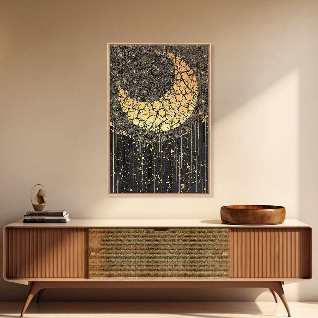 Cracked Gold Crescent Horn Abstract Wall Art, African Inspired Pattern Decor, Black And Gold Canvas Print For Boho Home Decor