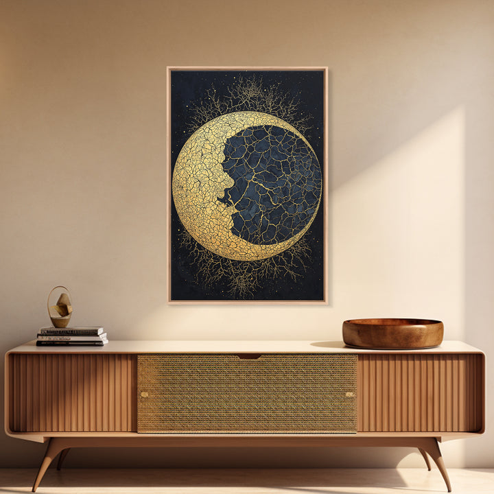 Cracked Gold Crescent Moon Wall Art, Mystical African Inspired Celestial Canvas Print, Black And Gold Spiritual Home Decor