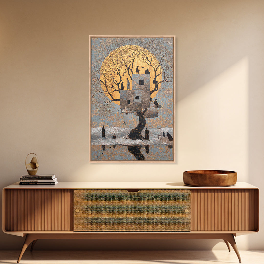 Surreal Moonlit Treehouse In Winter Wall Art, Dreamy Nature Scene Canvas Print, Whimsical Figures And Storybook Decor For Home