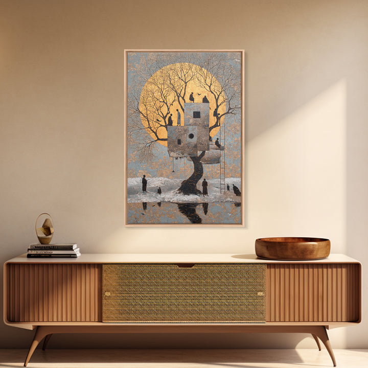 Surreal Moonlit Treehouse In Winter Wall Art, Dreamy Nature Scene Canvas Print, Whimsical Figures And Storybook Decor For Home