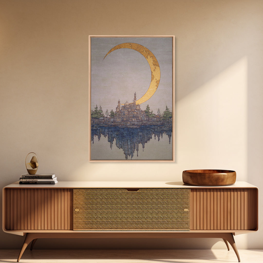 Golden Crescent Moon Over Floating City Wall Art, Dreamy Urban Landscape Canvas Print, Mystical Blue Beige Home Decor For Living Room