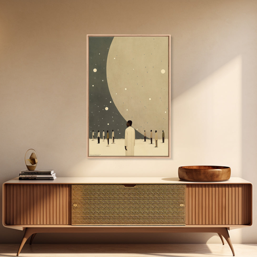 Minimalist Figures Beneath Giant Moon Wall Art, Modern Black Art Canvas Print, Dreamy Celestial Neutral Home Decor For Living Room