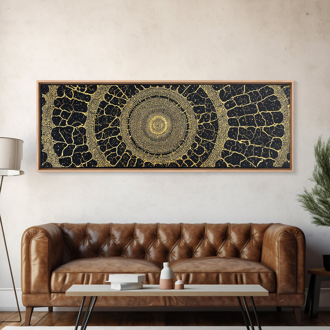 Black Gold Tribal Circle Canvas Print, African Abstract Pattern Wall Decor, Luxury Boho Textured Home Decor Gift For Living Room