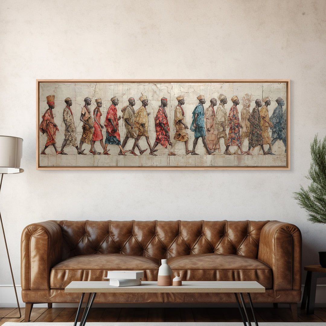 Walking African Village Procession Wall Art, Textured Cultural People Print, Panoramic Afrocentric Home Decor Gift For Hallway