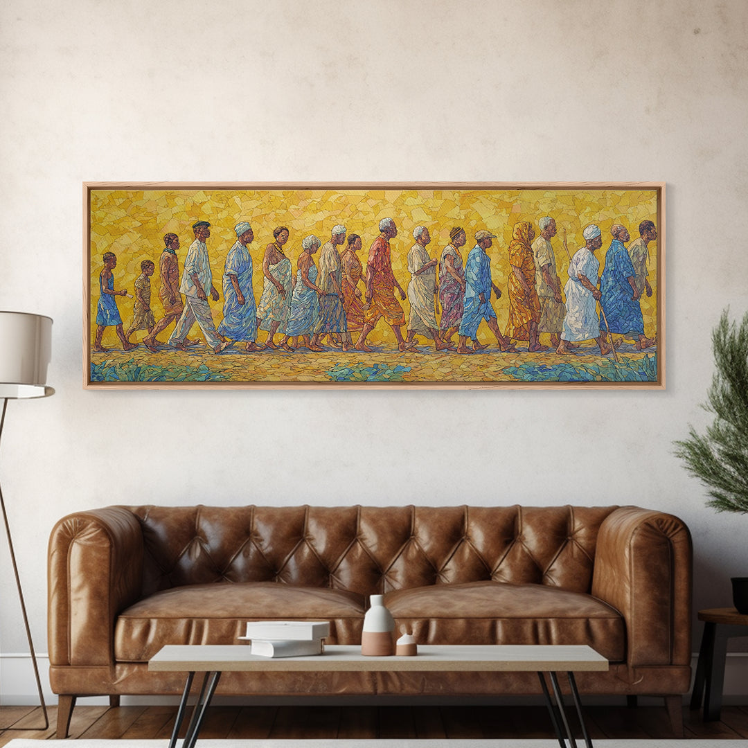 Sunlit African Walking Procession Canvas Print, Yellow Mosaic Cultural Wall Decor, Afrocentric Panoramic Home Art Gift For Living Room