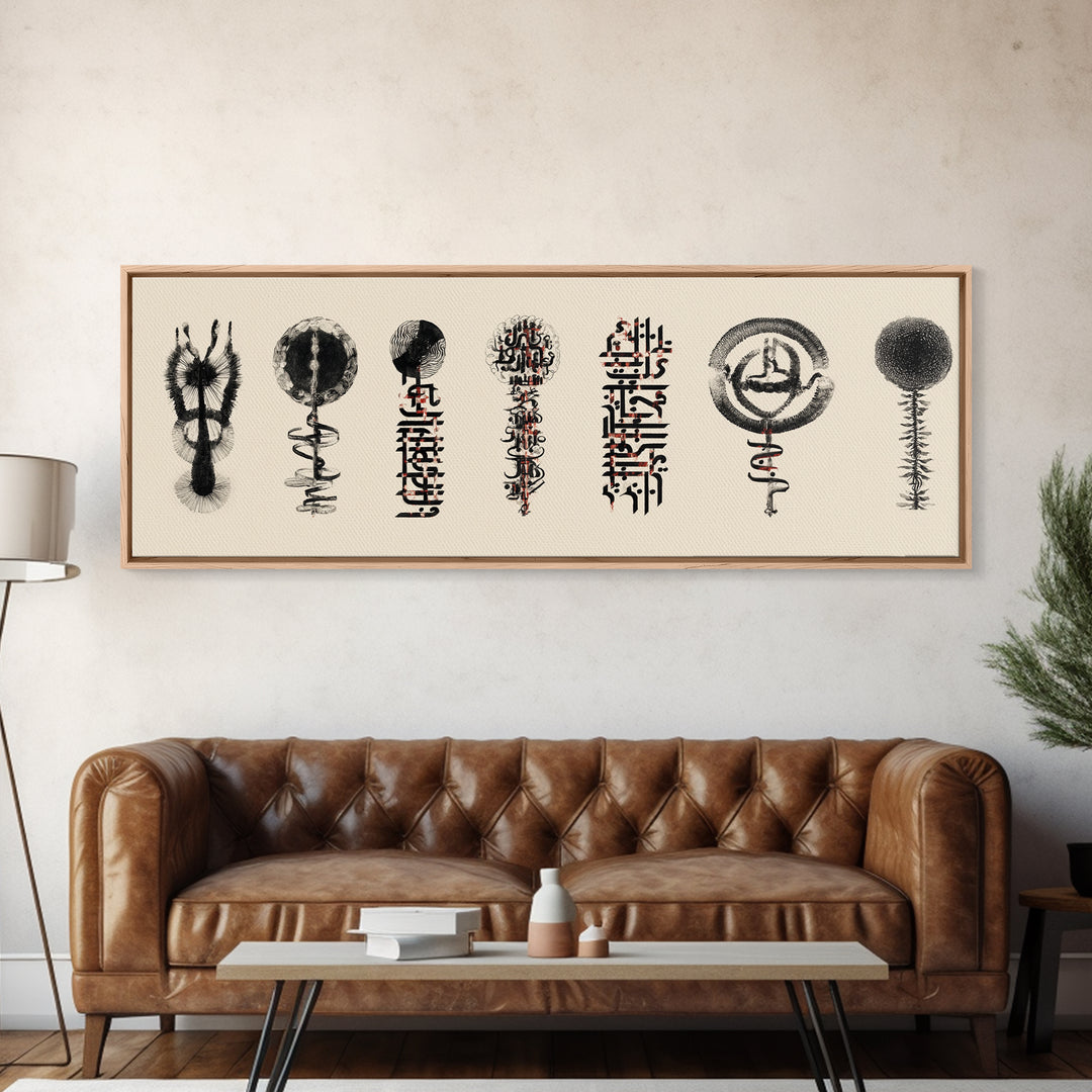 Ancient African Symbol Study Wall Art, Black Ink Tribal Mask Motifs, Minimalist Cultural Poster For Office And Home Decor