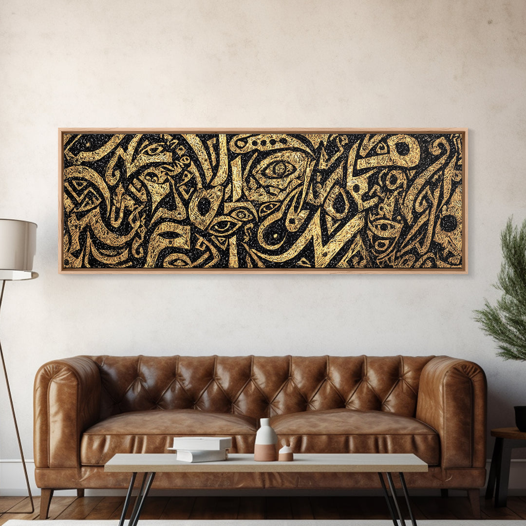 Gold Tribal Faces Abstract Wall Art, African Mask Art, Afrocentric Decor, Black And Gold Design, Bold Cultural Canvas Print