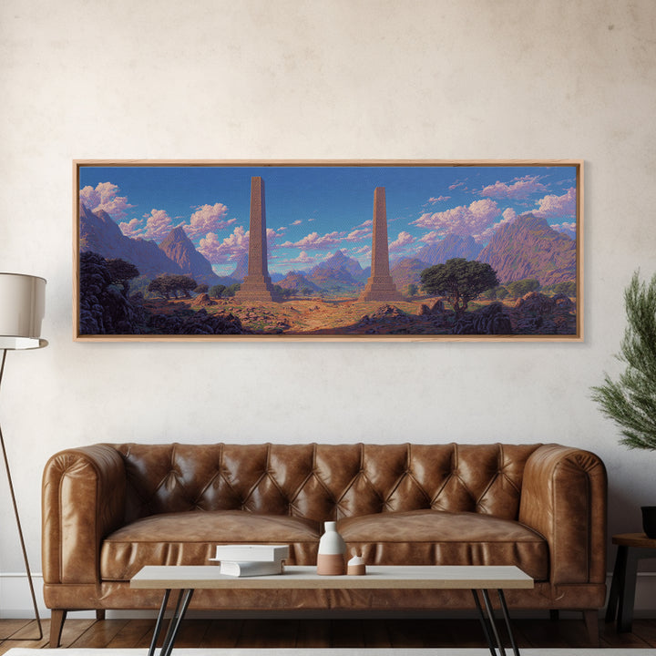Twin Obelisks In Mountain Valley Framed Canvas Print, African Landscape, Africa Art Print, Statement Wall Art, Home Decor Gift