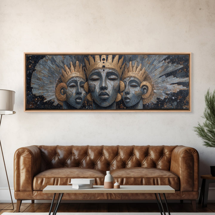 Regal Three African Goddess Faces Framed Canvas Print, African Women Art, Black Goddess Art, Gold Jewelry Canvas, Wall Decor