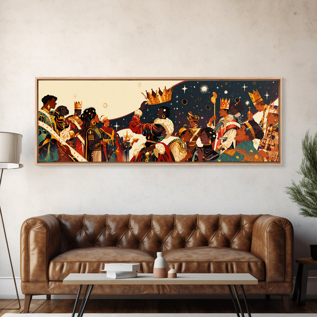 Royal African Celebration Under Stars Wall Art, Afrocentric Crown Ceremony, Black Culture Art, Panoramic Living Room Decor