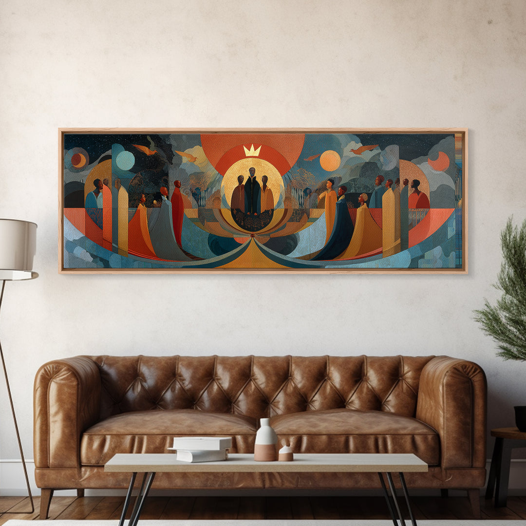 Abstract African Procession With Sun And Moon Wall Art, Afrocentric Modern Canvas, Earth Tone Cultural Home Decor Art Gift