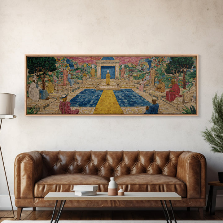 Golden Temple Garden Courtyard Canvas Print, African Inspired Landscape, Sacred Pathway Wall Decor, Elegant Home Art Gift
