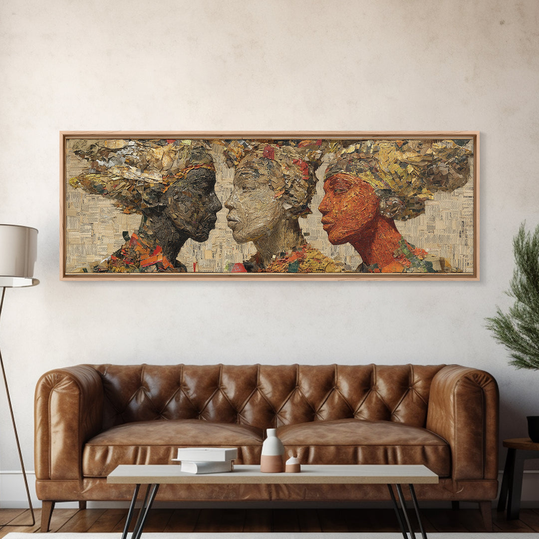 Textured African Women Profiles Framed Canvas Print, Earth Tone Black Female Art, Elegant Afrocentric Wall Decor Portrait Gift