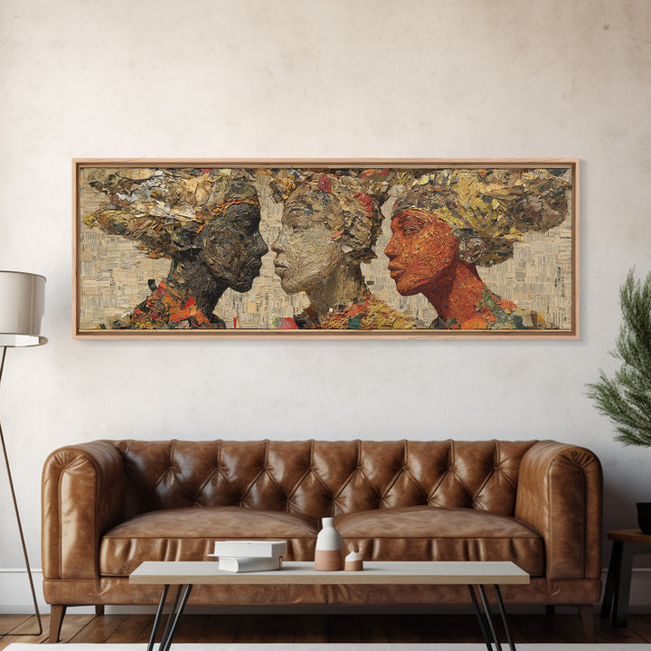 Textured African Women Profiles Framed Canvas Print, Earth Tone Black Female Art, Elegant Afrocentric Wall Decor Portrait Gift