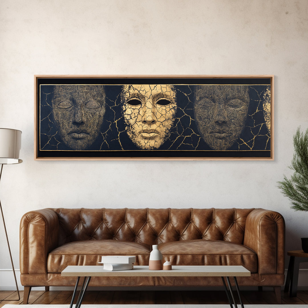 Gold And Black Ancient Mask Triptych Wall Art, Cracked Texture Faces, African Tribal Decor, Dramatic Cultural Canvas Gift