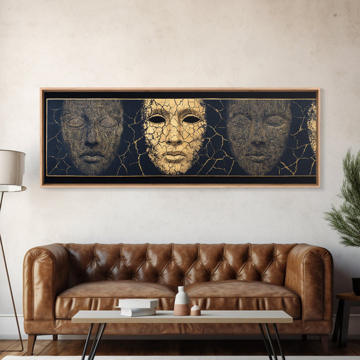 Gold And Black Ancient Mask Triptych Wall Art, Cracked Texture Faces, African Tribal Decor, Dramatic Cultural Canvas Gift