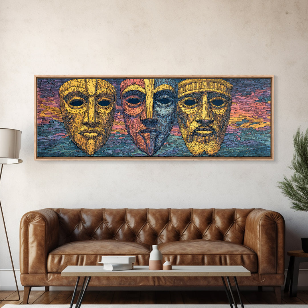 Three Golden African Masks Wall Art, Tribal Mask Canvas Print, Afrocentric Decor, Cultural Home Decor, Bold Statement Piece