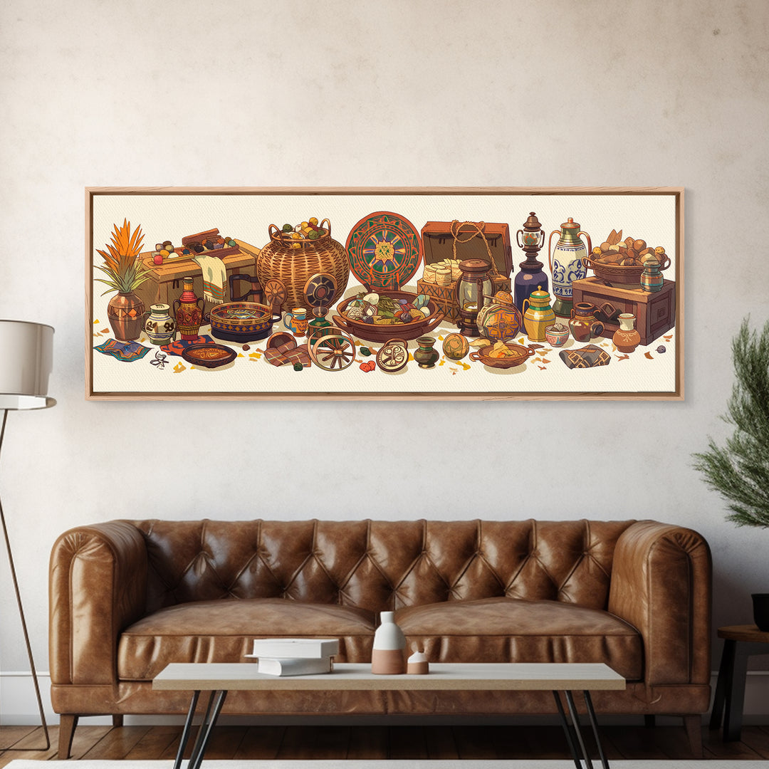 African Market Baskets Spices And Instruments Canvas Print, African Decor, Tribal Art Decor, Cultural Wall Art, Boho Home Decor