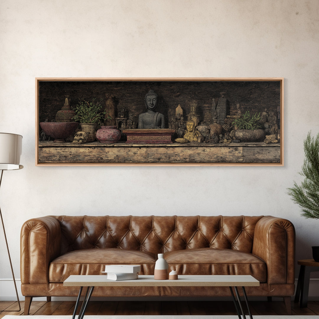 Buddha Shrine Shelf With Plants And Artifacts Wall Art, African Inspired Boho Decor, Rustic Spiritual Living Room Canvas