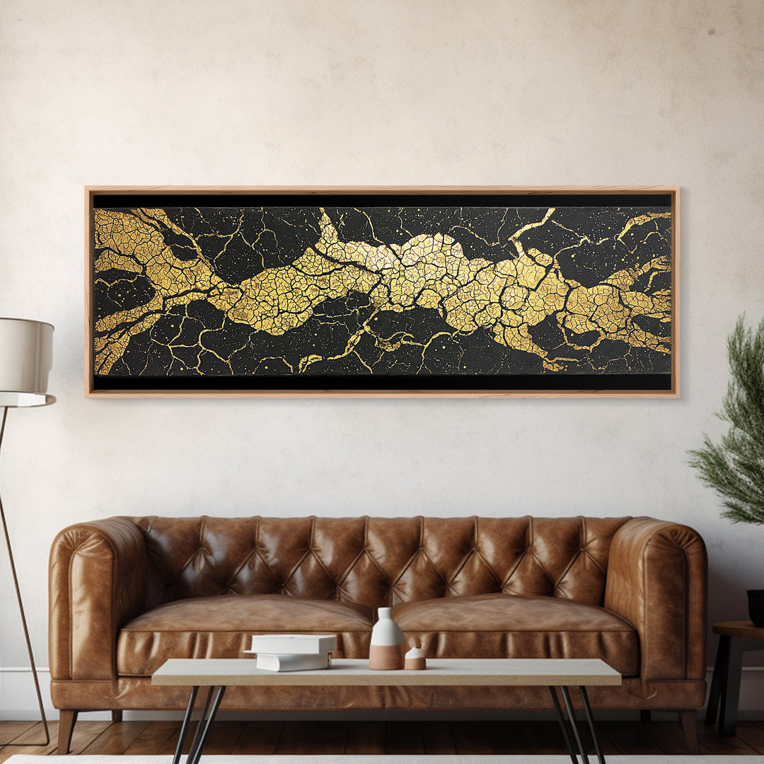 Black And Gold Cracked Marble Abstract Wall Art, Luxury Canvas Print, Modern Geometric Decor, Earth Tone Statement Piece Art