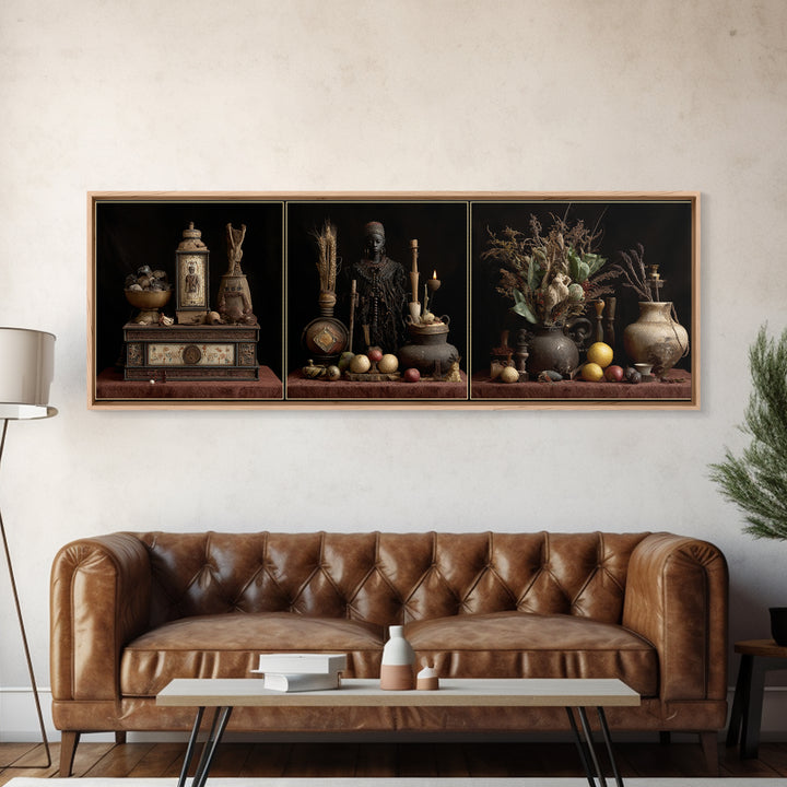 African Statue Still Life Triptych Canvas Print, Tribal Art Decor, Rustic Vessels Fruit And Botanicals, Elegant Home Decor