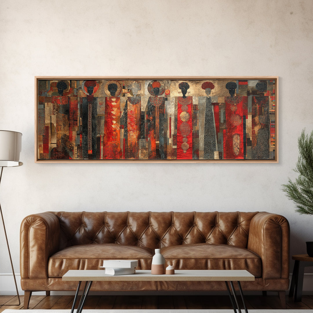 Abstract African Women In Red Patterned Dresses Wall Art, Black Women Art, Afrocentric Decor, Cultural Canvas Print For Living Room