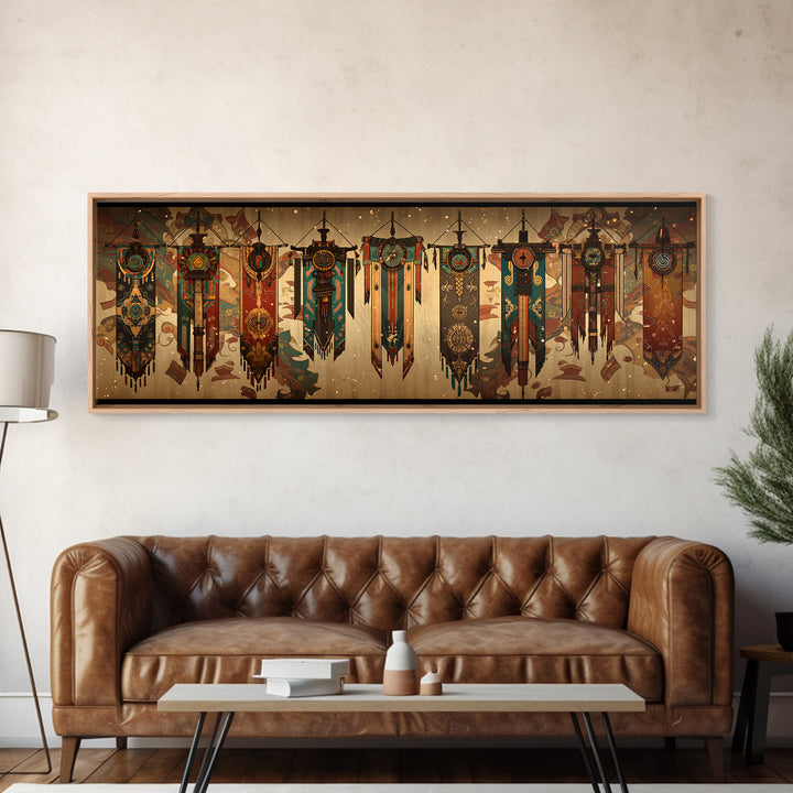African Tribal Hanging Banners With Symbols Framed Canvas Print, Ethnic Wall Decor, Boho Patterns, Cultural Home Decor For Living Room