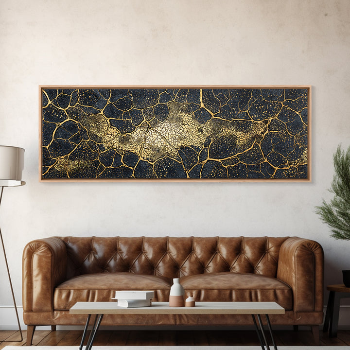 Black And Gold Cellular Cracked Abstract Wall Art, Luxury Canvas Print, Modern Organic Pattern, Bold Home Decor Statement Piece
