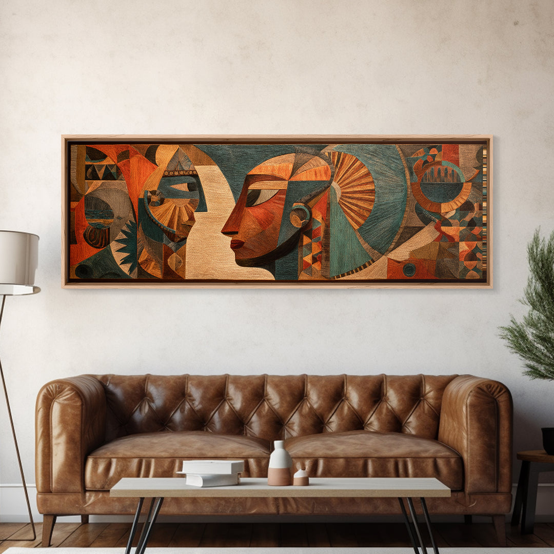 Cubist African Woman Profile Wall Art, Earth Tone Tribal Portrait, Abstract African Art Decor, Panoramic Canvas Print Gift