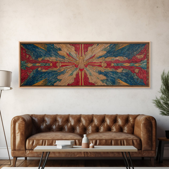 Radiant Dove Cross Abstract Wall Art, Red Blue Spiritual Canvas Print, Contemporary African Inspired Decor, Statement Gift