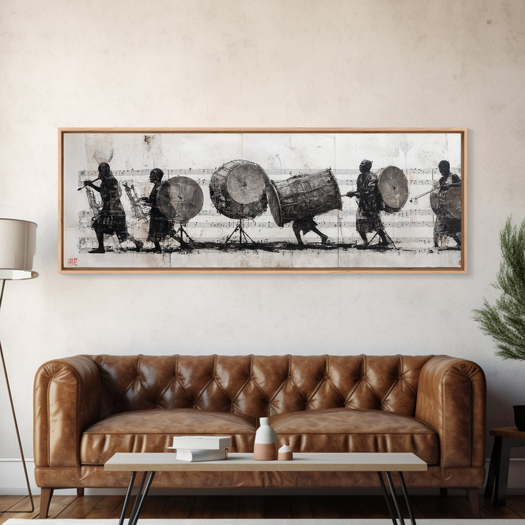 Monochrome African Drummers Wall Art, Tribal Music Procession Canvas Print, Cultural Black Art For Home Office Decor Gift