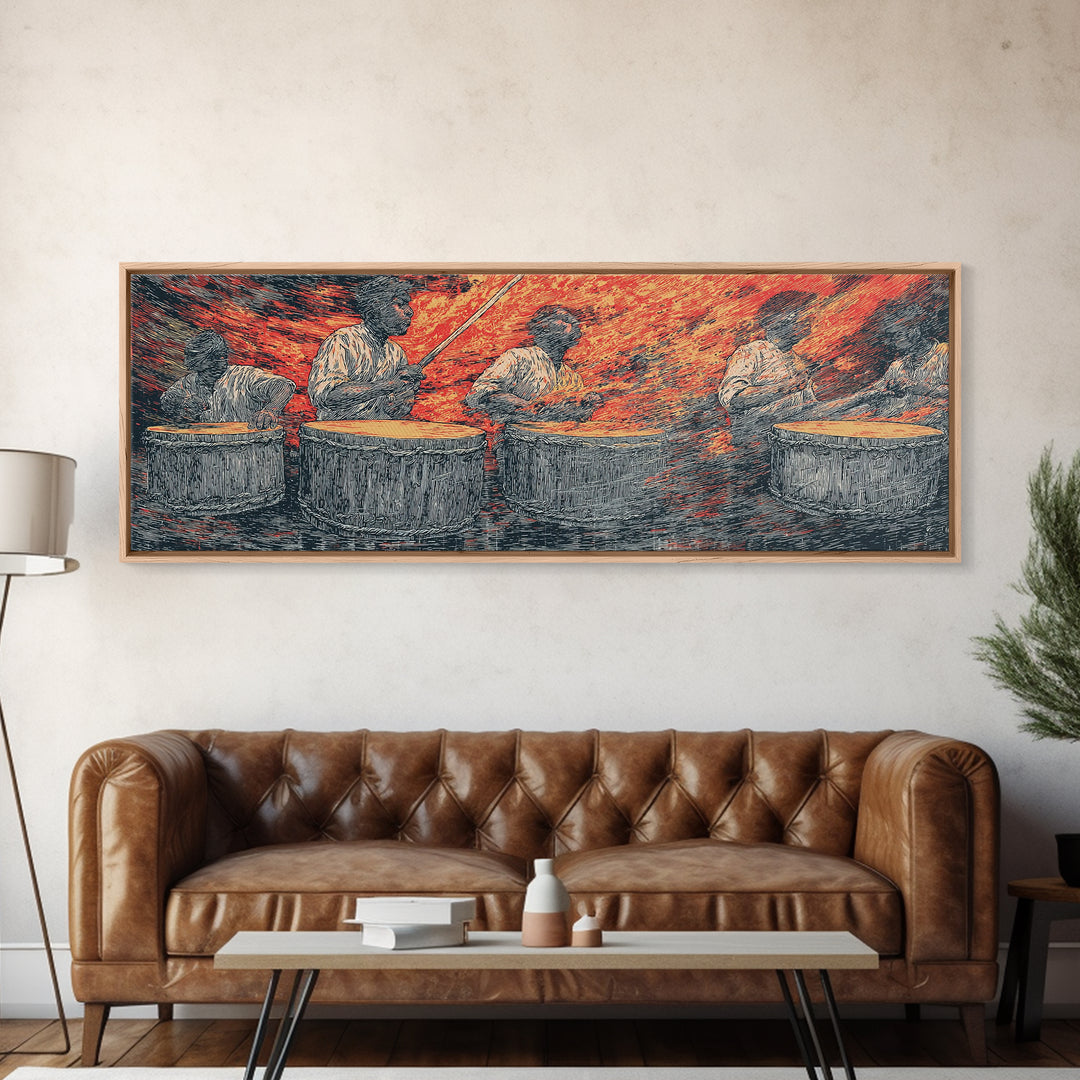 Fiery African Drummers Canvas Print, Red Orange Tribal Music Wall Art, Afrocentric Abstract Art For Bold Home Decor Gift