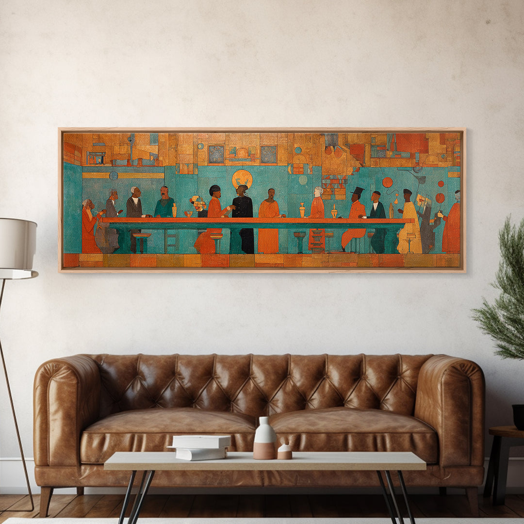 Turquoise Orange Social Gathering Wall Art, African Lounge Scene Canvas Print, Modern Afrocentric Decor For Home And Office